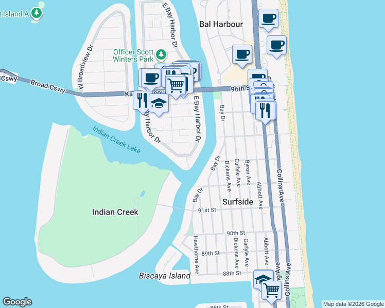 map of restaurants, bars, coffee shops, grocery stores, and more near 1050 92nd Street in Bay Harbor Islands