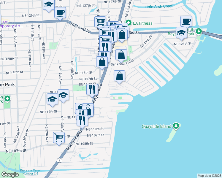 map of restaurants, bars, coffee shops, grocery stores, and more near 1651 Northeast 115th Street in Miami