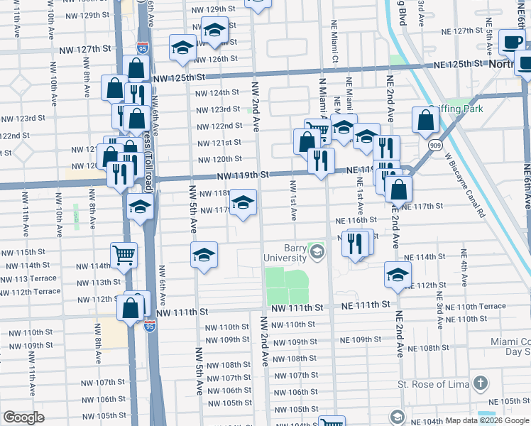 map of restaurants, bars, coffee shops, grocery stores, and more near 181 Northwest 117th Street in Miami