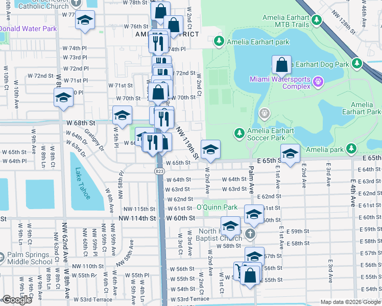 map of restaurants, bars, coffee shops, grocery stores, and more near 6600 2nd Court in Hialeah