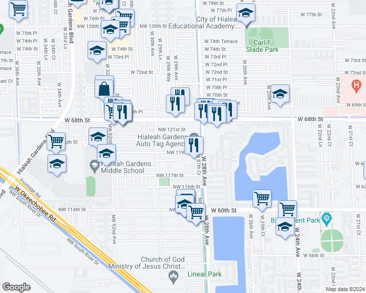 map of restaurants, bars, coffee shops, grocery stores, and more near 8851 Northwest 119th Street in Hialeah