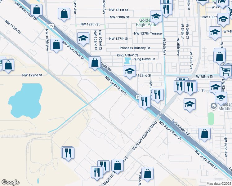 map of restaurants, bars, coffee shops, grocery stores, and more near 10310 Northwest 121st Way in Medley