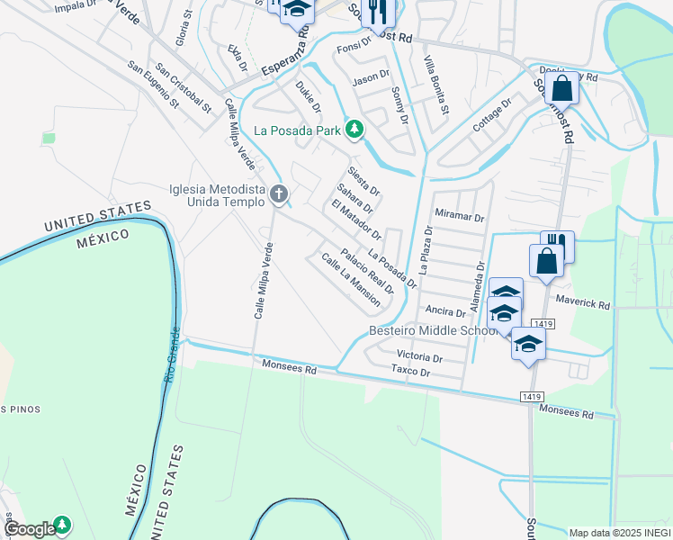 map of restaurants, bars, coffee shops, grocery stores, and more near 4604-4606 Calle La Mansion in Brownsville