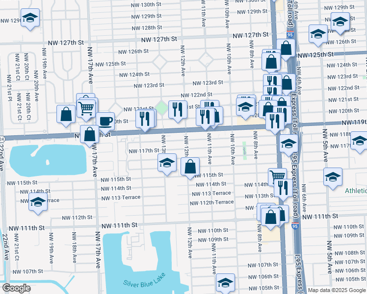 map of restaurants, bars, coffee shops, grocery stores, and more near 1190 Northwest 118th Street in Miami