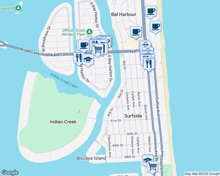 map of restaurants, bars, coffee shops, grocery stores, and more near 9161 East Bay Harbor Drive in Bay Harbor Islands