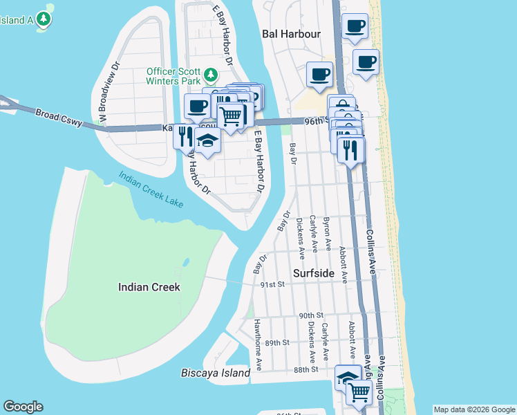 map of restaurants, bars, coffee shops, grocery stores, and more near 9161 East Bay Harbor Drive in Bay Harbor Islands