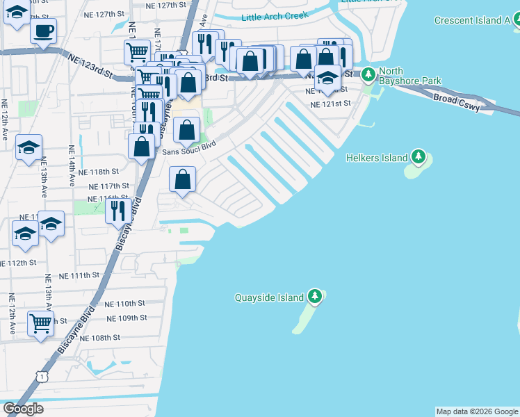 map of restaurants, bars, coffee shops, grocery stores, and more near 11401 North Bayshore Drive in North Miami