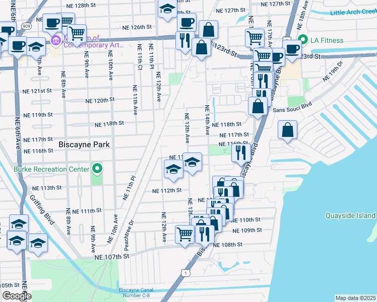 map of restaurants, bars, coffee shops, grocery stores, and more near 11534 Northeast 13th Avenue in Miami