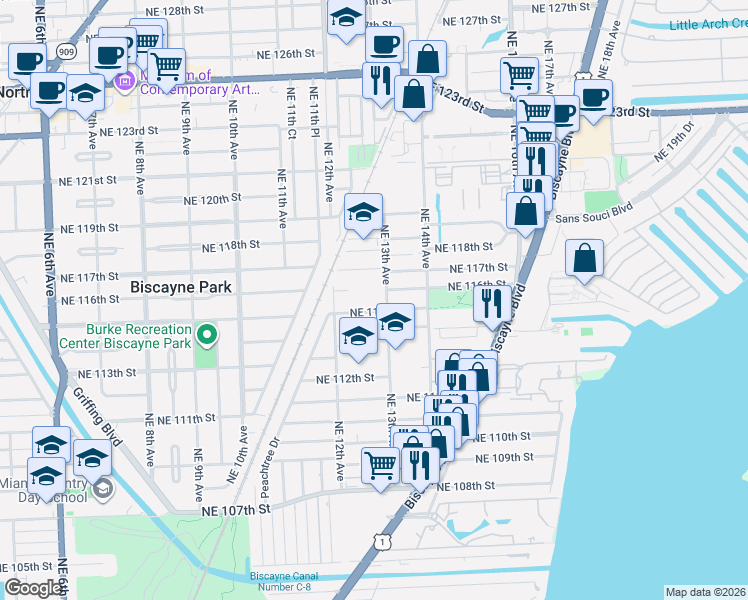 map of restaurants, bars, coffee shops, grocery stores, and more near 11534 Northeast 13th Avenue in Miami
