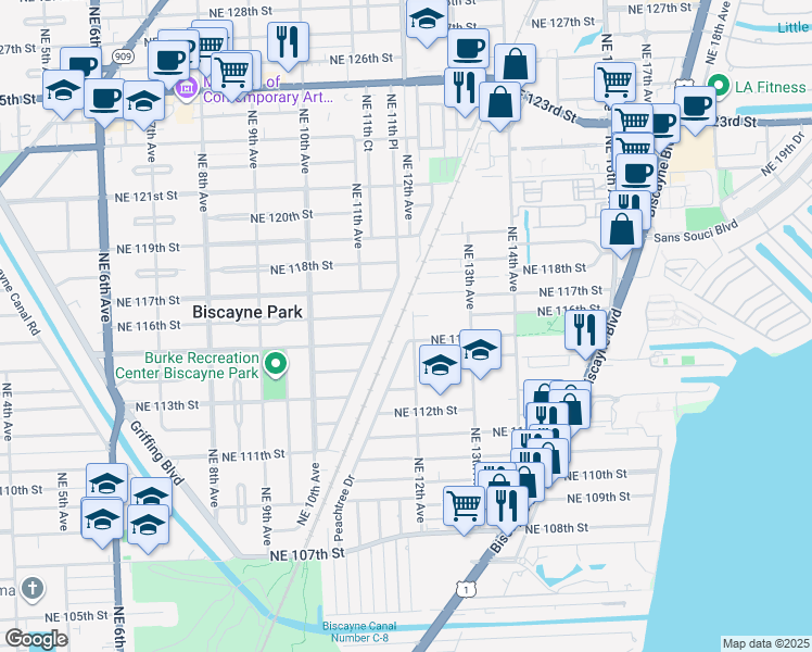 map of restaurants, bars, coffee shops, grocery stores, and more near 11603 Northeast 11th Place in Biscayne Park