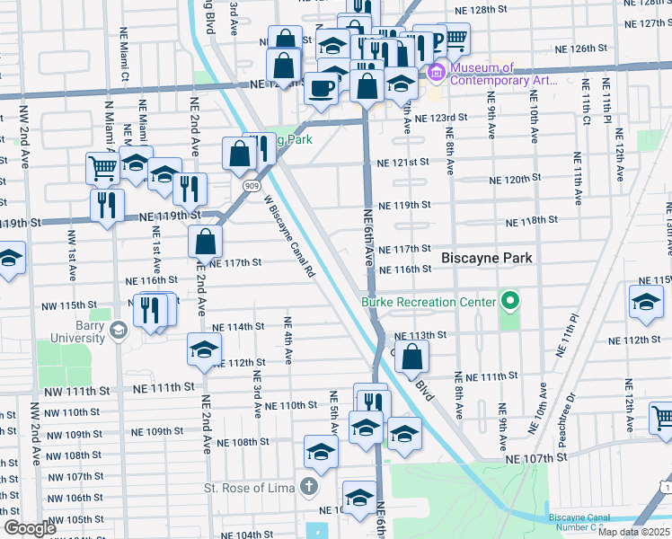 map of restaurants, bars, coffee shops, grocery stores, and more near 11770 Griffing Boulevard in Biscayne Park