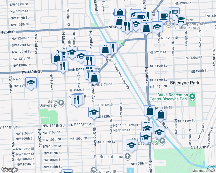 map of restaurants, bars, coffee shops, grocery stores, and more near 311 Northeast 117th Street in Miami