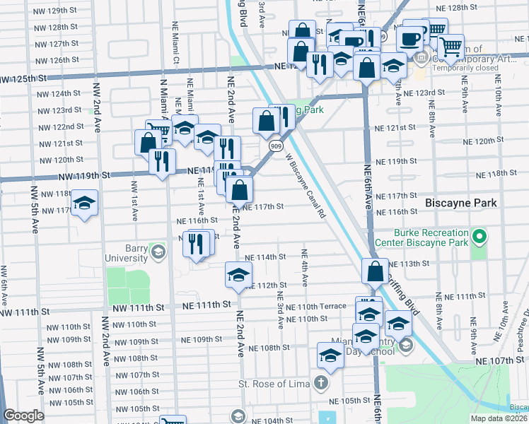 map of restaurants, bars, coffee shops, grocery stores, and more near 241 Northeast 117th Street in Miami