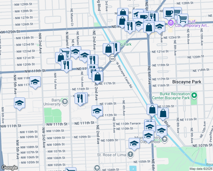 map of restaurants, bars, coffee shops, grocery stores, and more near 241 Northeast 117th Street in Miami