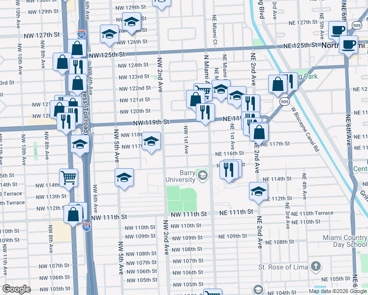 map of restaurants, bars, coffee shops, grocery stores, and more near 11702 Northwest 1st Avenue in Miami