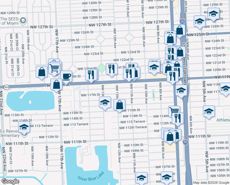 map of restaurants, bars, coffee shops, grocery stores, and more near 1190 Northwest 118th Street in Miami