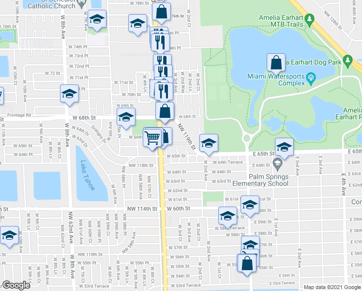 map of restaurants, bars, coffee shops, grocery stores, and more near 6600 2nd Court in Hialeah