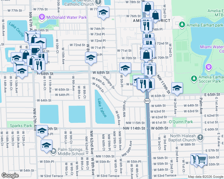 map of restaurants, bars, coffee shops, grocery stores, and more near 642 West 65th Drive in Hialeah