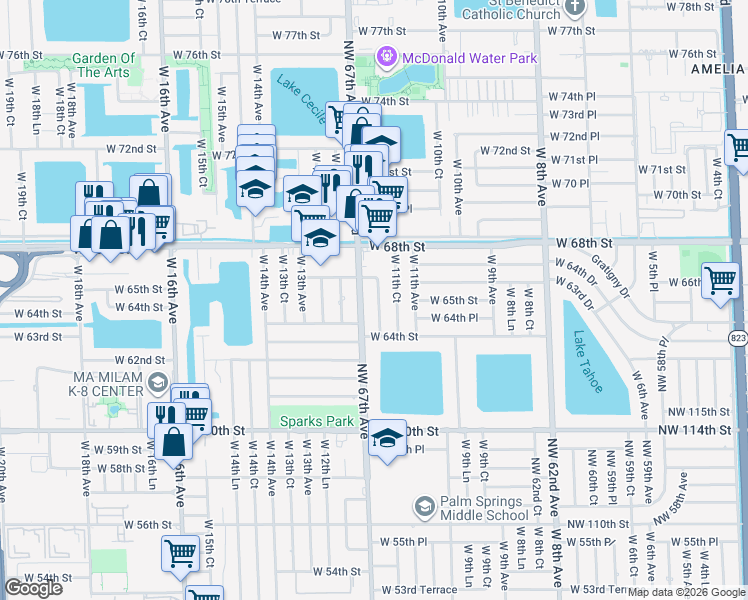map of restaurants, bars, coffee shops, grocery stores, and more near 6560 West 66th Street in Hialeah