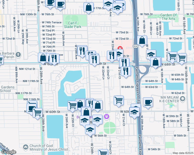 map of restaurants, bars, coffee shops, grocery stores, and more near 2370 West 66th Place in Hialeah