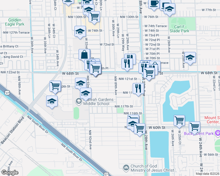 map of restaurants, bars, coffee shops, grocery stores, and more near 8937 Northwest 120th Street in Hialeah Gardens