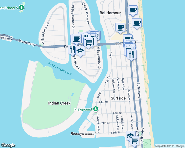 map of restaurants, bars, coffee shops, grocery stores, and more near 1001 91st Street in Bay Harbor Islands