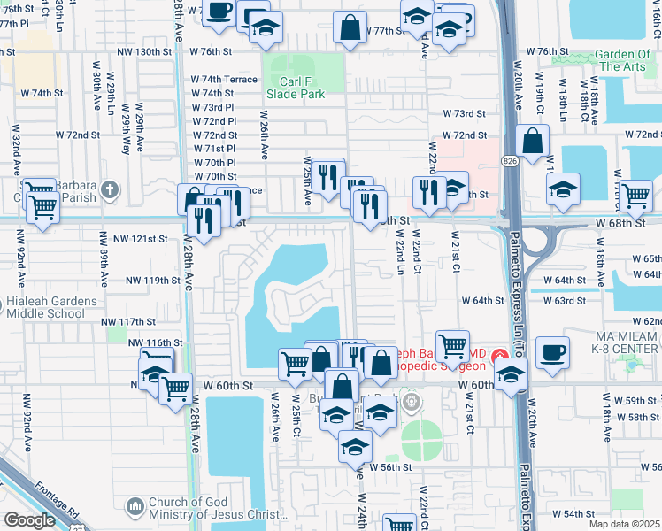 map of restaurants, bars, coffee shops, grocery stores, and more near 6710 West 24th Court in Hialeah