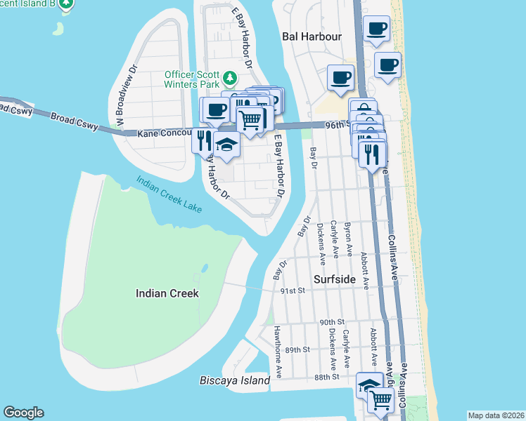 map of restaurants, bars, coffee shops, grocery stores, and more near 1050 92nd Street in Bay Harbor Islands