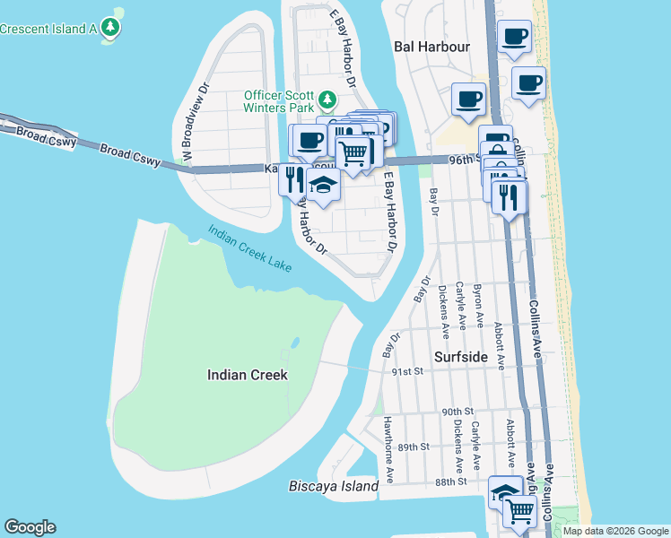 map of restaurants, bars, coffee shops, grocery stores, and more near 9183 West Bay Harbor Drive in Bay Harbor Islands