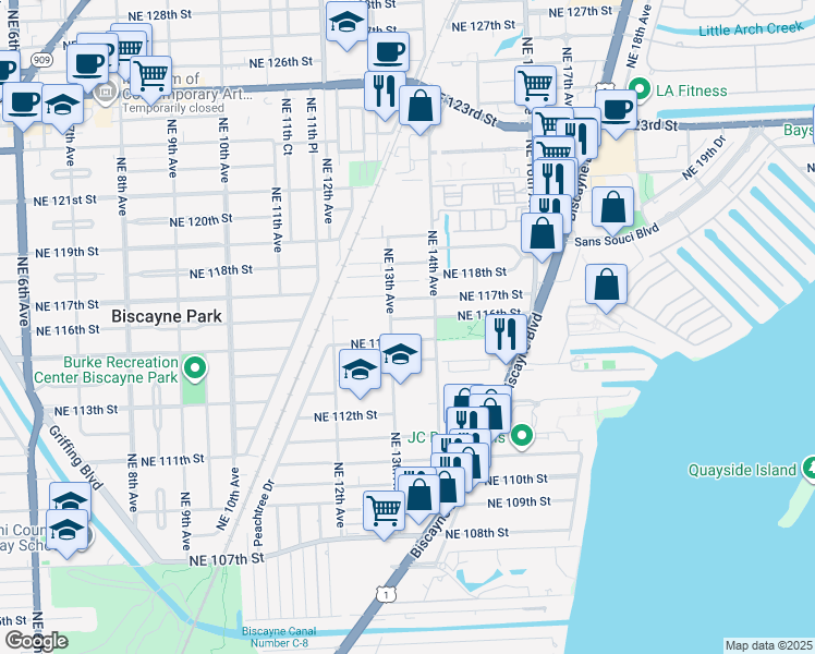 map of restaurants, bars, coffee shops, grocery stores, and more near 1352 Northeast 116th Street in Miami