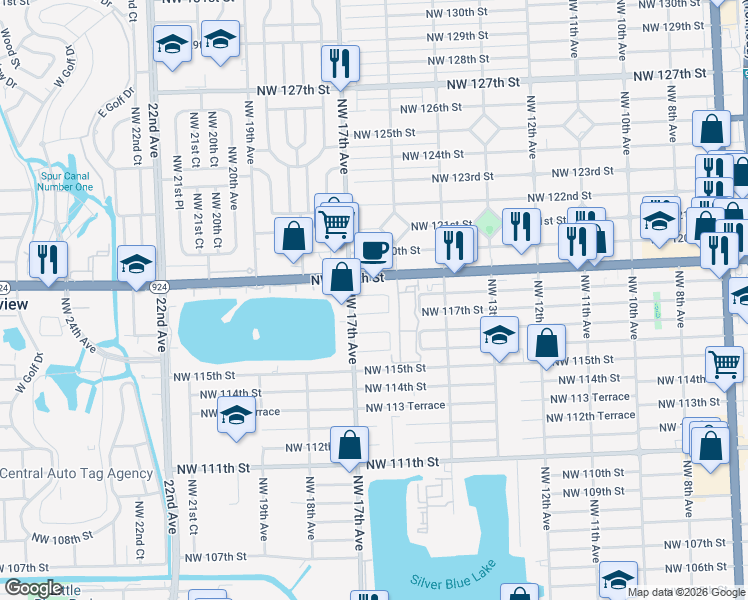 map of restaurants, bars, coffee shops, grocery stores, and more near 1600 Northwest 118th Street in Miami
