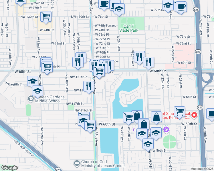 map of restaurants, bars, coffee shops, grocery stores, and more near 6745 West 26th Drive in Hialeah