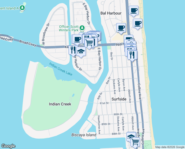 map of restaurants, bars, coffee shops, grocery stores, and more near 1001 91st Street in Bay Harbor Islands
