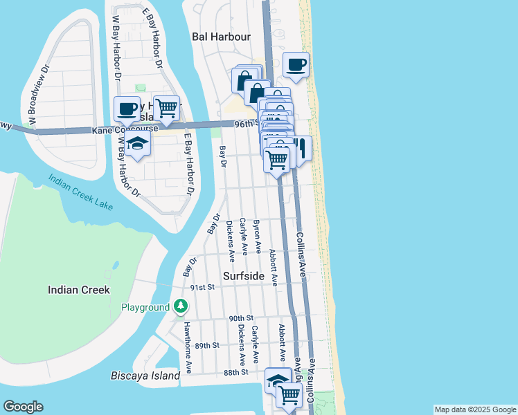 map of restaurants, bars, coffee shops, grocery stores, and more near 9349 Abbott Avenue in Surfside