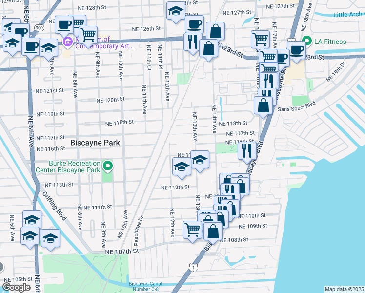 map of restaurants, bars, coffee shops, grocery stores, and more near 1221 Northeast 116th Street in Miami