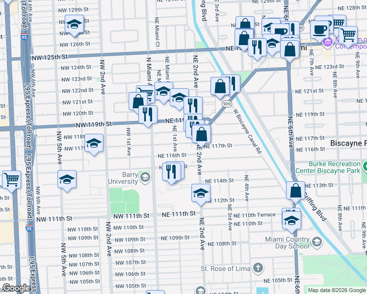 map of restaurants, bars, coffee shops, grocery stores, and more near 112 Northeast 117th Street in Miami