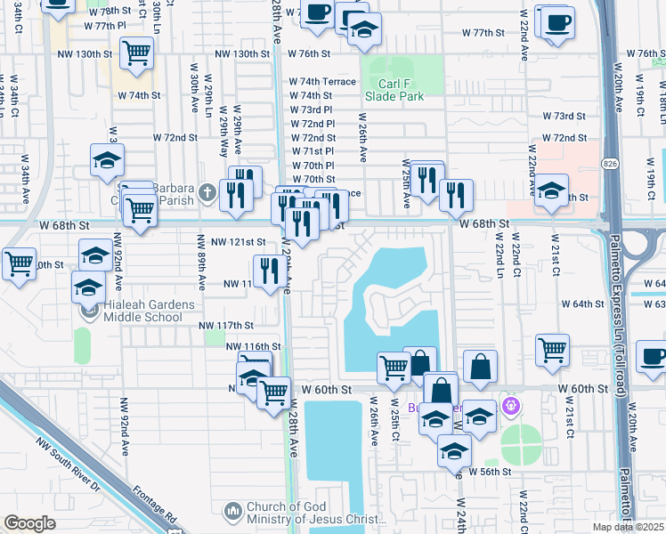 map of restaurants, bars, coffee shops, grocery stores, and more near 6745 West 26th Drive in Hialeah