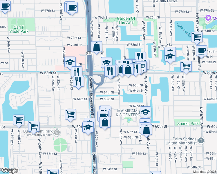 map of restaurants, bars, coffee shops, grocery stores, and more near 1900 West 68th Street in Hialeah