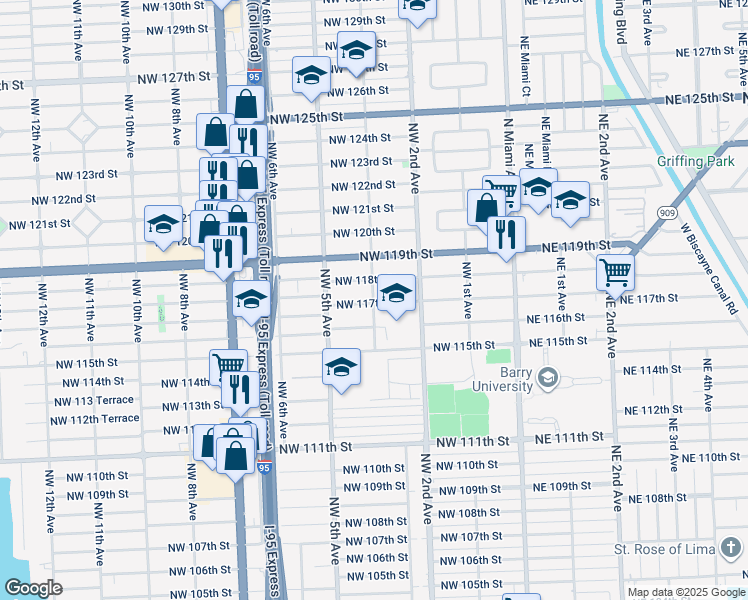 map of restaurants, bars, coffee shops, grocery stores, and more near 319 Northwest 117th Street in Miami