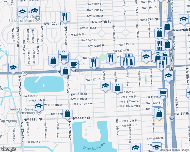 map of restaurants, bars, coffee shops, grocery stores, and more near 1334 Northwest 118th Street in Miami