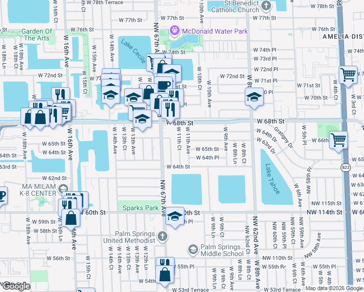 map of restaurants, bars, coffee shops, grocery stores, and more near 6560 West 11th Avenue in Hialeah
