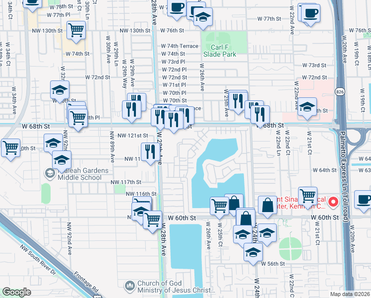 map of restaurants, bars, coffee shops, grocery stores, and more near 6745 West 26th Drive in Hialeah
