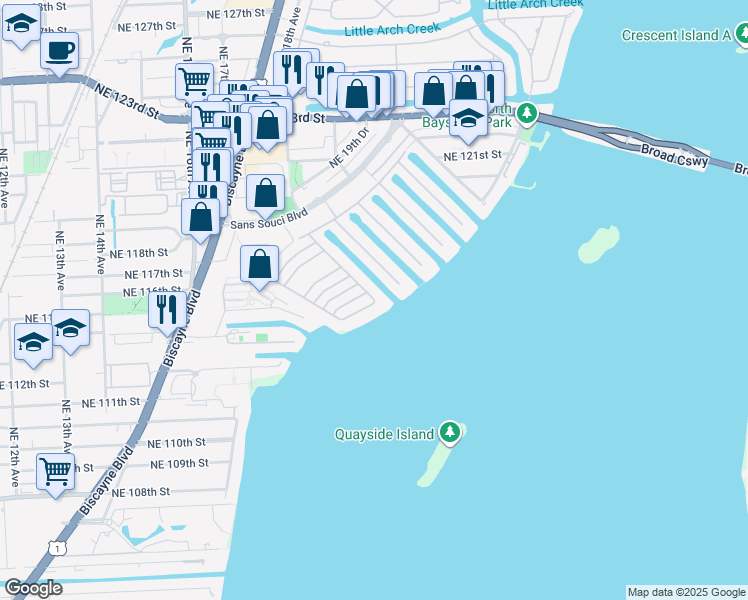 map of restaurants, bars, coffee shops, grocery stores, and more near 11401 North Bayshore Drive in North Miami