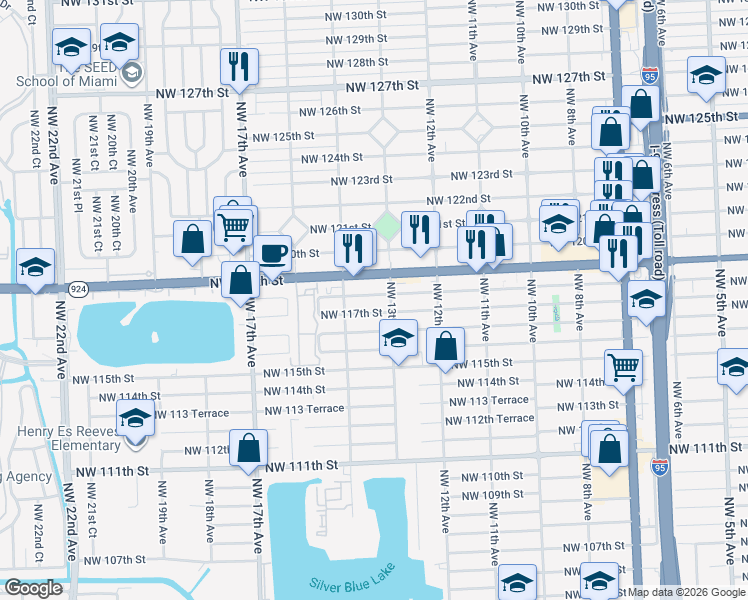 map of restaurants, bars, coffee shops, grocery stores, and more near 1334 Northwest 118th Street in Miami
