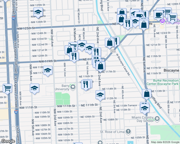 map of restaurants, bars, coffee shops, grocery stores, and more near 112 Northeast 117th Street in Miami