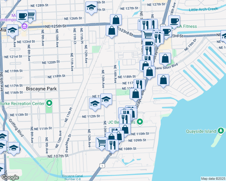 map of restaurants, bars, coffee shops, grocery stores, and more near 1352 Northeast 116th Street in Miami