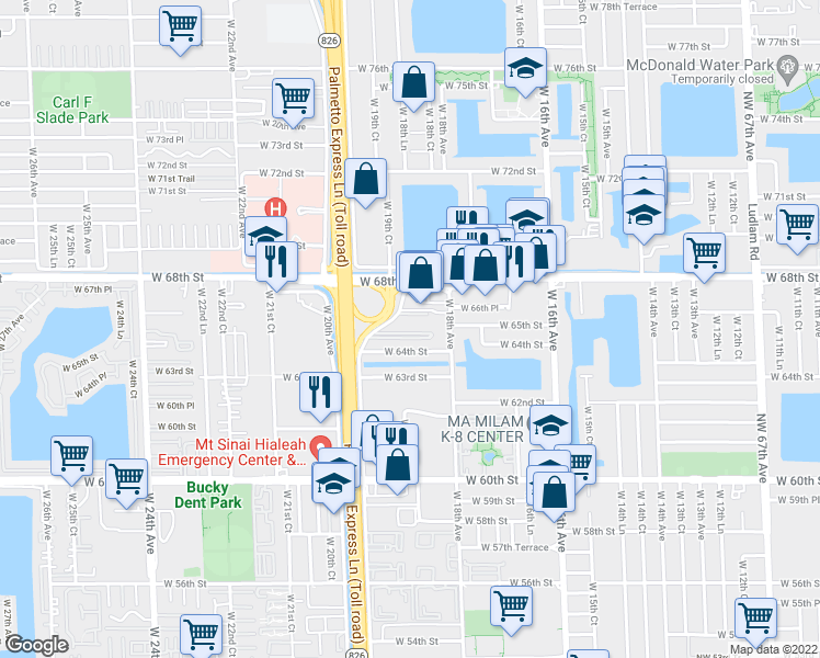 map of restaurants, bars, coffee shops, grocery stores, and more near 1900 West 68th Street in Hialeah