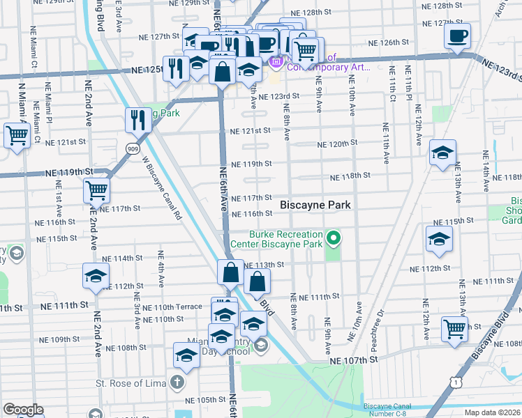 map of restaurants, bars, coffee shops, grocery stores, and more near 11625 Northeast 7th Avenue in Biscayne Park