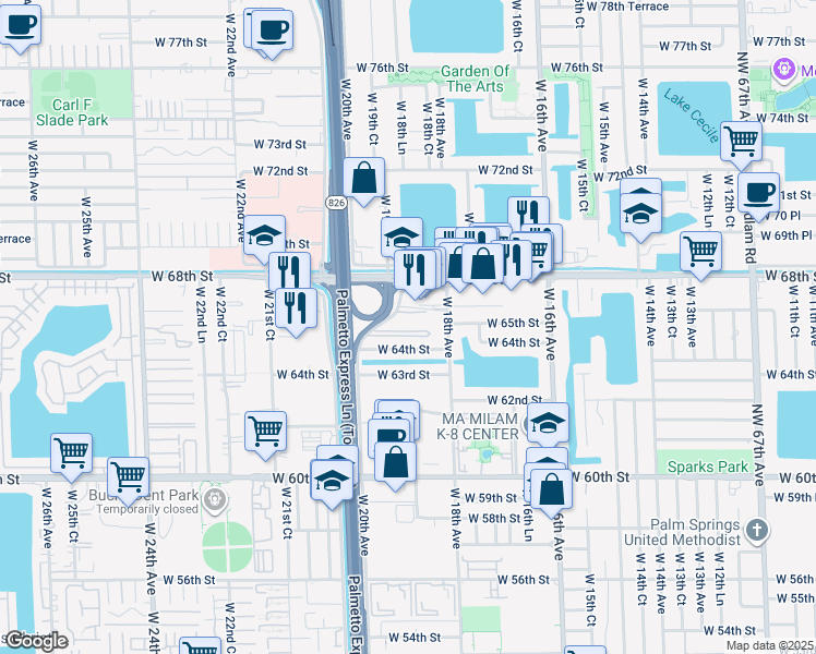 map of restaurants, bars, coffee shops, grocery stores, and more near 1900 West 68th Street in Hialeah