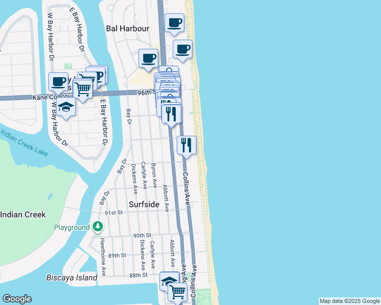 map of restaurants, bars, coffee shops, grocery stores, and more near 9341 Collins Avenue in Surfside